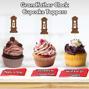 May include: Set of brown glitter grandfather clock cupcake toppers. The toppers are on toothpicks and are ready to ship. Choose from 10 colors. Set of 6 or 12+ toppers.
