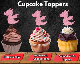 May include: Pink glitter baby dragon cupcake toppers. Set of 6 or 12 cupcake toppers. 10 colours to choose from. Ready to ship.