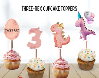 Trois décorations pour cupcakes dinosaures roses Rex, oeuf de dinosaure, 3e anniversaire, thème dinosaure, décorations de fête d'anniversaire pour enfants, aquarelle 12 points