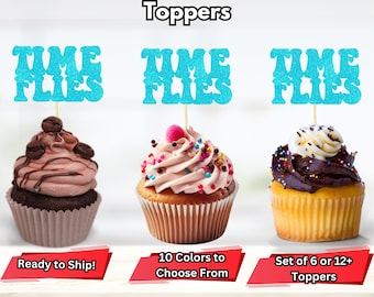 タイム フライズ カップケーキ トッパー、男の子 1 歳の誕生日 カップケーキ トッパー、ヴィンテージ 飛行機 飛行機 1 歳の誕生日 パーティー デコレーション、タイム フライズ パーティー デコレーション