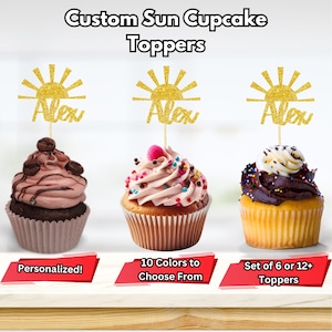 Custom Text Sun Cupcake Toppers, Sunshine Baby Shower Party Decor, You Are My Sunshine Party Decor, 1st Time Around The Sun Cupcake Toppers