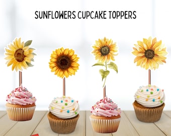 Sunflower Party Cupcake Toppers, sunflower party ideas, birthday theme, party, sunflowers, decor, baby shower, dainty flowers