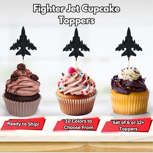 Puede incluir: Toppers para cupcakes de avión de combate de purpurina negra. ¡Listo para enviar! 10 colores para elegir. Juego de 6 o 12+ toppers.