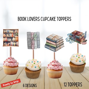Book Lovers Cupcake Toppers, watercolor, 12 count, library theme, birthday party, reading club, book club, library, book decorations, pages