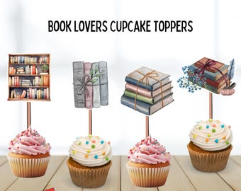 Book Lovers Cupcake Toppers, watercolor, 12 count, library theme, birthday party, reading club, book club, library, book decorations, pages