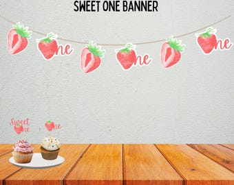 Sweet One Cake Banner, aardbei verjaardagsslinger, eerste verjaardag, zoete verjaardag, baby's first, aardbei themafeest, baby 1e decor