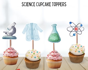 May include: Cupcakes with pink and white frosting, topped with colorful sprinkles. Each cupcake has a science-themed topper, including a microscope, lab coat, flask, and atom model. The text "SCIENCE CUPCAKE TOPPERS" is at the top.