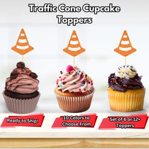 May include: Set of orange glitter traffic cone cupcake toppers. The toppers are on toothpicks and are ready to be placed on cupcakes. The text "Ready to Ship!" is on the left, "10 Colors to Choose From" is in the middle, and "Set of 6 or 12+ Toppers" is on the right.
