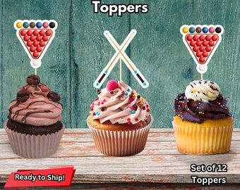 May include: Set of 12 snooker cupcake toppers. The toppers feature a snooker triangle with red and yellow balls, and two crossed snooker cues. The toppers are ready to ship.