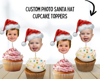 Gepersonaliseerde kerstman gezicht foto cupcake topper, kersttoppers, aangepaste gezichtstoppers, kerstman baby, baby kerstfoto toppers, kerstmuts