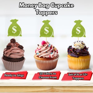 Topper per cupcake con sacchetto di soldi, scelte di cibo con simbolo del dollaro, scelte di cibo a tema denaro, decorazioni promozionali, decorazioni per feste al casinò, feste di poliziotti ladri