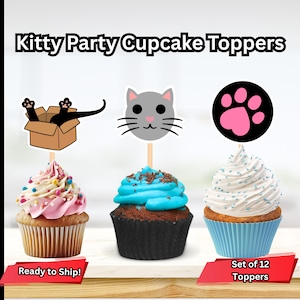 Topos de cupcake para festa de gatinhos, Palitos de cupcake para gatos, Cupcakes fofos de gatinhos, Palitos de cupcake para miados, Palitos de aniversário para gatos, Topos de festa para felinos