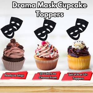Topper per cupcake con maschera drammatica, diploma di scuola di cinema, topper per cupcake con tragedia comica, decorazioni per feste cinematografiche, scelte di cibo per il teatro