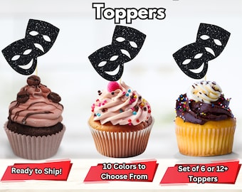 Toppers de cupcakes de máscara de drama, graduación de la escuela de cine, toppers de cupcakes de tragedia de comedia, decoración de fiestas de películas, selecciones de comida de teatro