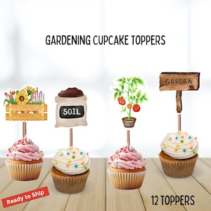 Gardening Cupcake Toppers, gardening club, kids garden theme, birthday, fruits, flowers, soil, potting, garden basket, carrots, celebration