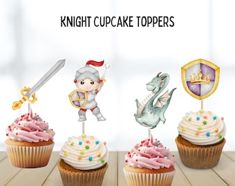 May include: Knight cupcake toppers with various designs, including a knight, sword, shield, and dragon. The cupcakes have pink and white frosting with colorful sprinkles. The text "Knight Cupcake Toppers", "6 Designs", and "12 Toppers" is visible.