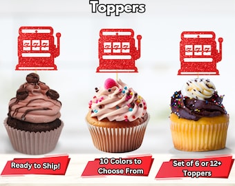 May include: Red glitter slot machine cupcake toppers. The toppers are on top of cupcakes with different frosting colours and sprinkles. The text on the image reads "Ready to Ship!" "10 Colours to Choose From" and "Set of 6 or 12+ Toppers".