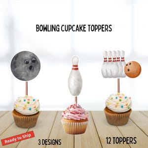 Bowling Cupcake Toppers, bowling theme, birthday party, baby shower,  pins, bowling ball, league, sport, club, bowl, watercolor, 12 count