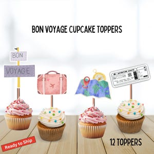 Bon Voyage Travel Cupcake Toppers, farewell, 12 count, traveling, suitcases, safe travels, theme, party, passport, airplane, world, maps,