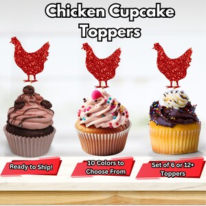 May include: Red glitter chicken cupcake toppers. Set of 6 or 12+ toppers. 10 colors to choose from. Ready to ship.