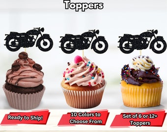 May include: Set of black glitter motorcycle cupcake toppers. The toppers are on toothpicks and are ready to be placed on cupcakes. The text "Ready to Ship!" is in the bottom left corner. The text "10 Colors to Choose From" is in the bottom center. The text "Set of 6 or 12+ Toppers" is in the bottom right corner.