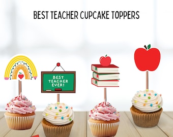 Best Teacher Cupcake Toppers, Thank You, teacher appreciation day, decor, apple, teacher classroom, birthday, celebrate, school, gifts
