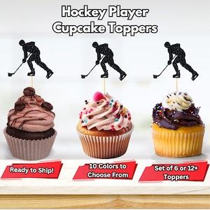 Hockey Player Cupcake Toppers, Winter Party Decorations, Sport Themed Cupcake Toppers, Hockey Party Decor, Hockey Cupcake Toppers