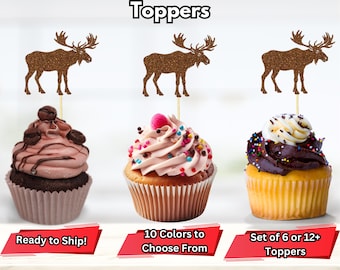 Moose Cupcake Toppers, Lumberjack Party Decor, Canada Day Party Decor, Woodland Cupcake Toppers, Camping Themed Birthday Decorations