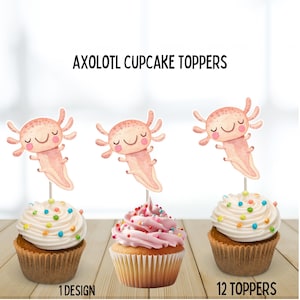 Axolotl Cupcake Toppers, cute axolotl theme party, kids birthday party supplies, decorations, axolotl picks, cute amphibian toppers, smiling