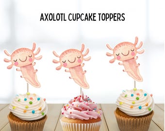 Axolotl-cupcaketoppers, schattig axolotl-themafeest, benodigdheden voor kinderverjaardag, decoraties, axolotl-stekkers, schattige amfibieëntoppers, glimlachen