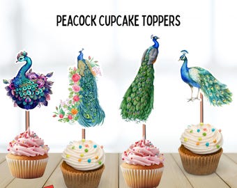 Decorazioni per cupcake a forma di pavone, uccelli, festa a tema pavone, animali dello zoo, piume, uccellino da giardino, decorazioni, matrimonio, compleanno, pavone cucciolo, confezione da 12