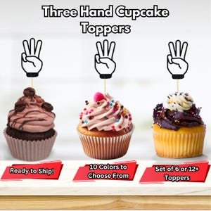 Three Hand Cupcake Toppers, 3rd Birthday Party Decorations, Number Three Party Decor, Three Hand Party Toppers, Three Cupcake Toppers