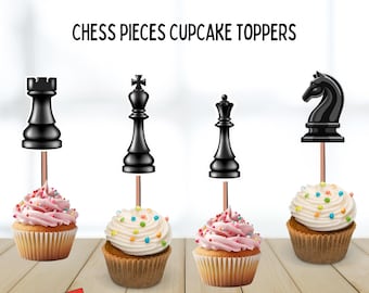 Chess Pieces Cupcake Toppers, king, queen, chess birthday party, chess theme, tournament, black and white chess decorations, party chess
