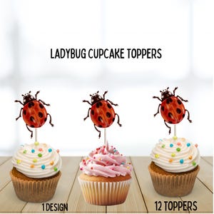 Puede incluir: Tres cupcakes con adornos de mariquitas. Los cupcakes tienen glaseado blanco y rosa con chispas de colores. Los adornos de mariquitas son rojos con puntos negros. El texto "LADYBUG CUPCAKE TOPPERS" está encima de los cupcakes.