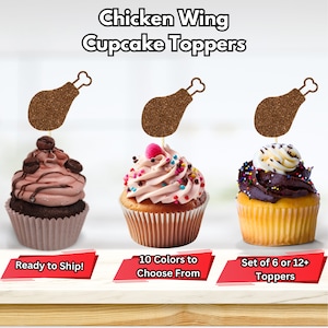 May include: Set of 6 or 12 cupcake toppers featuring brown glitter chicken wing designs. The toppers are ready to ship and available in 10 colors.