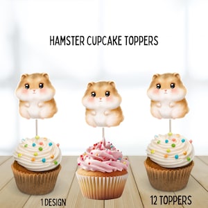 May include: Hamster cupcake toppers with three cupcakes. Each cupcake has a different frosting and sprinkle design. The toppers are cartoon hamsters. The text "HAMSTER CUPCAKE TOPPERS" is at the top of the image. The text "1 DESIGN" and "12 TOPPERS" are at the bottom.
