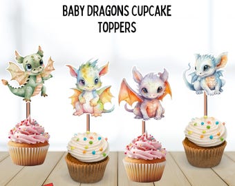Ozdoby na babeczki Baby Dragon, pastele akwarelowe, 12 sztuk, motyw smoka, przyjęcie urodzinowe, baby shower, mistyczne przyjęcie, dekoracja na przyjęcie z motywem smoka