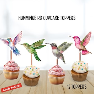 Watercolor Hummingbird Cupcake Toppers, bird birthday party decor, kids bird theme, bird watching class, hummingbird party, 12 count nature