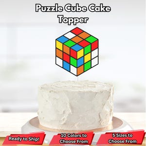 Op de afbeelding: Een kleurrijke puzzelkubus caketopper. De kubus is gemaakt van 9 kleinere vierkanten, elk met een andere kleur. De topper is klaar om te verzenden en is verkrijgbaar in 10 kleuren en 5 maten.