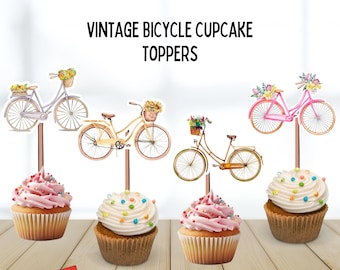 Vintage Bicycle Cupcake Toppers, flower basket bike, dutch bike toppers, floral basket bike, bicycle birthday party