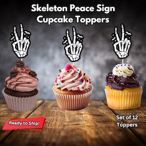 Skeleton Peace Sign Cupcake Toppers, Bad Two the Bone Cupcake Toppers, Halloween Party Decor, Birthday Party Decor, Skeleton Hand Decoration