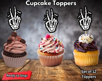 Skeleton Peace Sign Cupcake Toppers, Bad Two the Bone Cupcake Toppers, Halloween Party Decor, Birthday Party Decor, Skeleton Hand Decoration