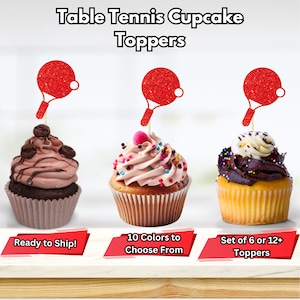 Könnte beinhalten: Set mit roten, glitzernden Tischtennis-Schläger-Cupcake-Toppern. Die Topper sind auf Zahnstochern und versandbereit. 10 Farben zur Auswahl. Set mit 6 oder 12+ Toppern.