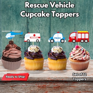 Cupcaketoppers reddingsvoertuig, cupcaketoppers noodvoertuig, politiefeestdecor, brandweerwagendecor, politiehelikoptertopper
