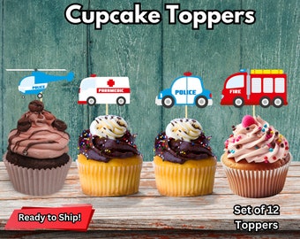 Rescue Vehicle Cupcake Toppers, Emergency Vehicle Cupcake Toppers, Police Party Decor, Fire Truck Decor, Police Helicopter Topper