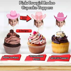 Toppers de cupcake de rodeio de cowgirl rosa, foto personalizada, topper de cupcake de rosto com foto, toppers de cupcake de chapéu de cowgirl, festa temática de rodeio, 12 unidades