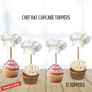 Chef Hat cupcake Toppers, watercolor, 12 count, pastries, desserts, cook, chef, bakery toppers, birthday party theme food, baker hat