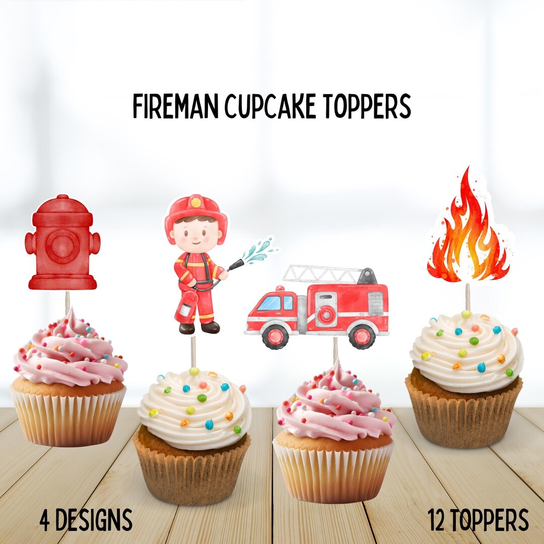 Fire Fighter Topper Firemen Cupcake Toppers, Kids Firefighter Birthday Party Theme, Fireman ...