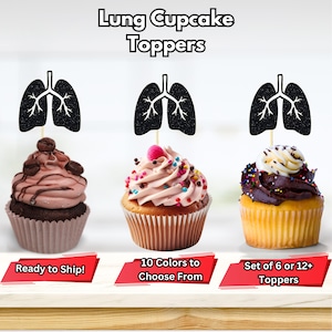 May include: Set of six or twelve black glitter lung cupcake toppers. The toppers are on toothpicks and are ready to ship. Ten colors to choose from.