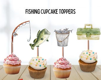 Adornos para cupcakes de pesca, trucha, fiesta temática de pesca, lago, jubilación, pez, pasatiempo, cubo de pescado, decoración para cupcakes, fiesta de cumpleaños, 12